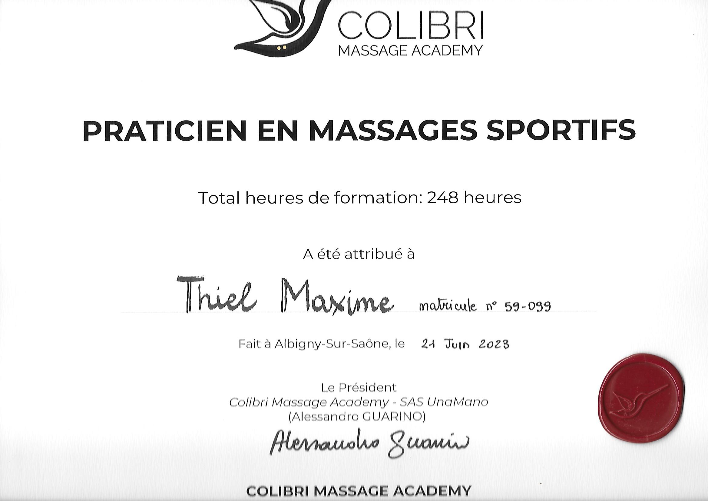 Image d'un diplôme de Maxime Thiel de massage sportif